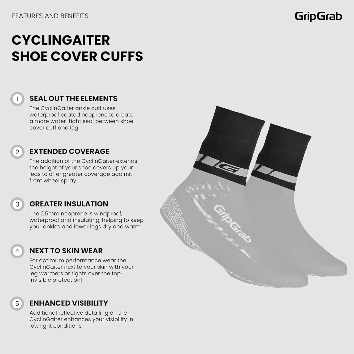 GripGrab CyclinGaiter Rainy Weather Overshoe Seal Waterproof Neoprene Ankle Cuff for Shoe-Covers Road MTB Cross Gravel Bike