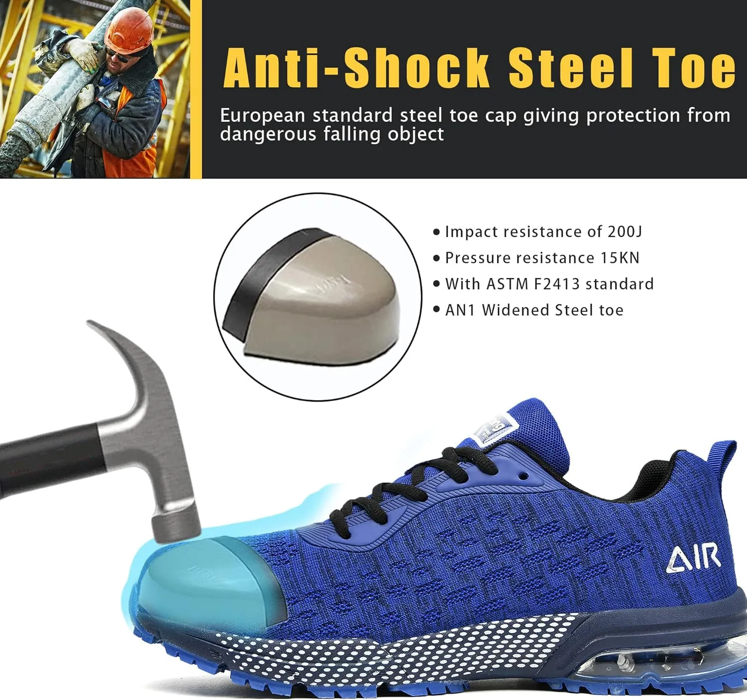 HiHatide Steel Toe Shoes for Men Work Shoes Safety Sneakers Air Cushion Lightweight Slip Resistant Breathable Comfortable