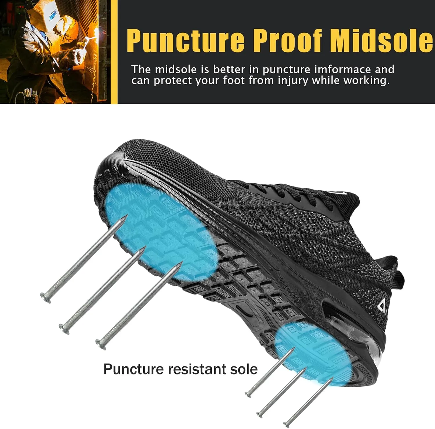 HiHatide Steel Toe Shoes for Men Work Shoes Safety Sneakers Air Cushion Lightweight Slip Resistant Breathable Comfortable