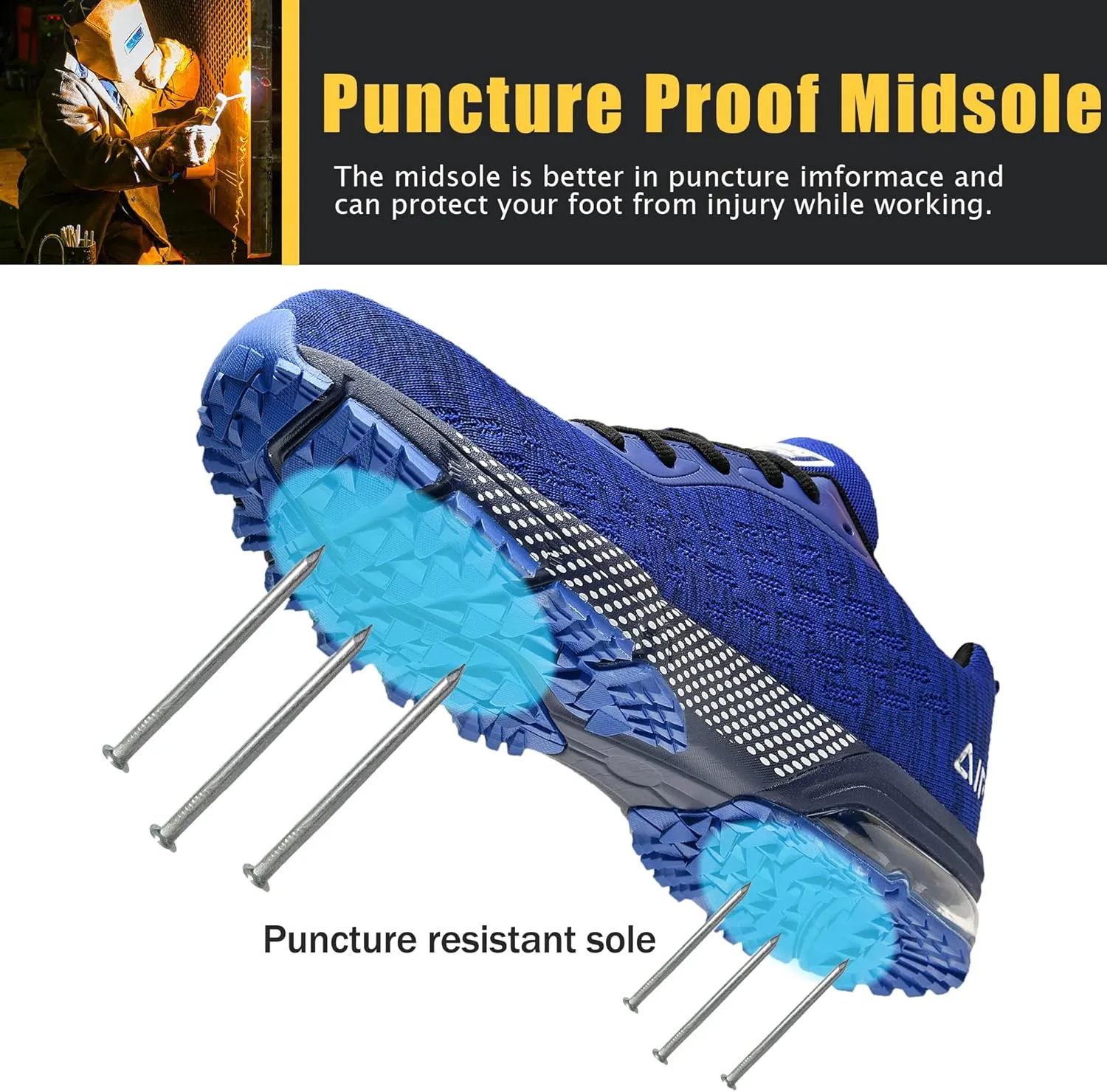 HiHatide Steel Toe Shoes for Men Work Shoes Safety Sneakers Air Cushion Lightweight Slip Resistant Breathable Comfortable