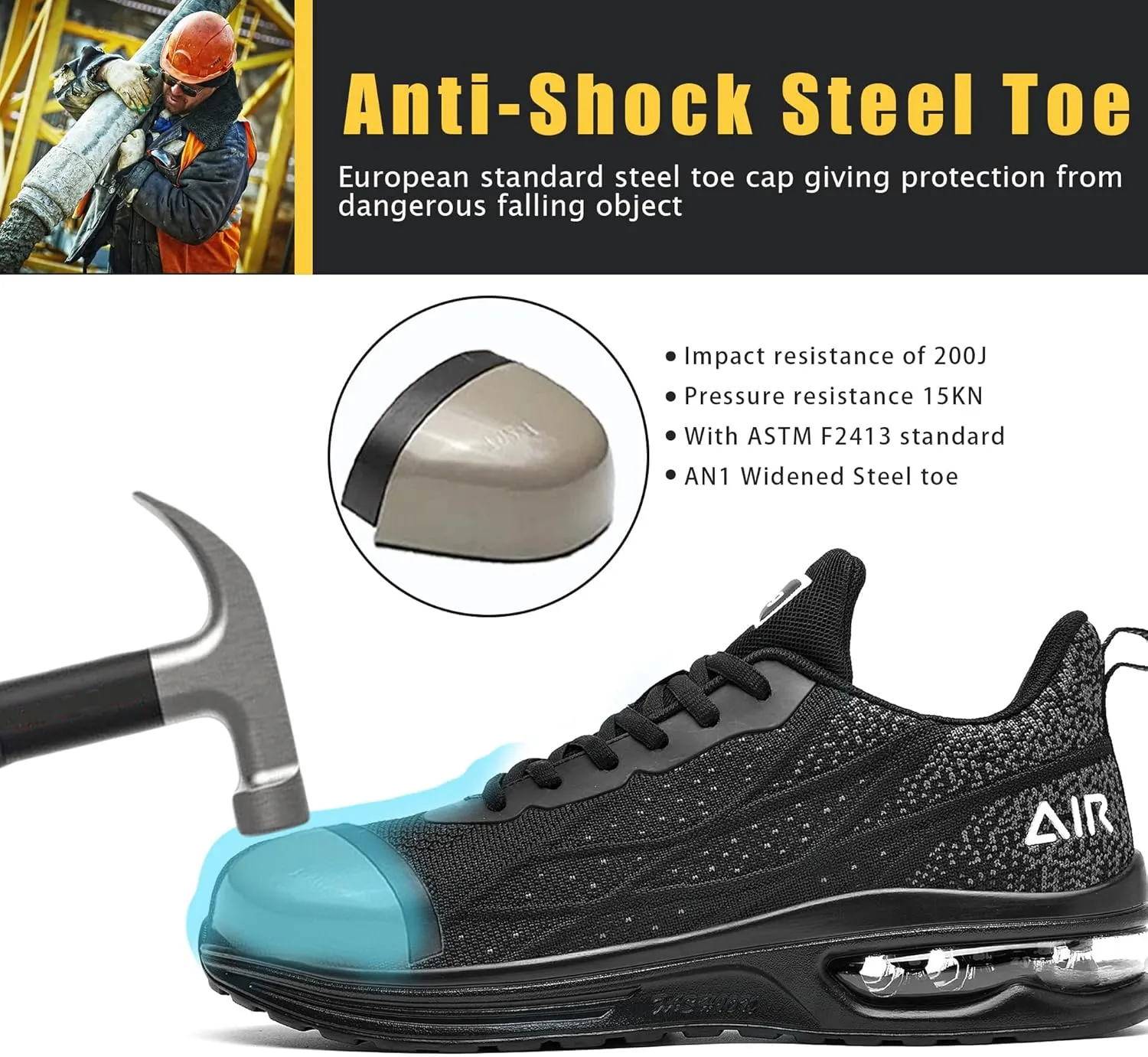HiHatide Steel Toe Shoes for Men Work Shoes Safety Sneakers Air Cushion Lightweight Slip Resistant Breathable Comfortable