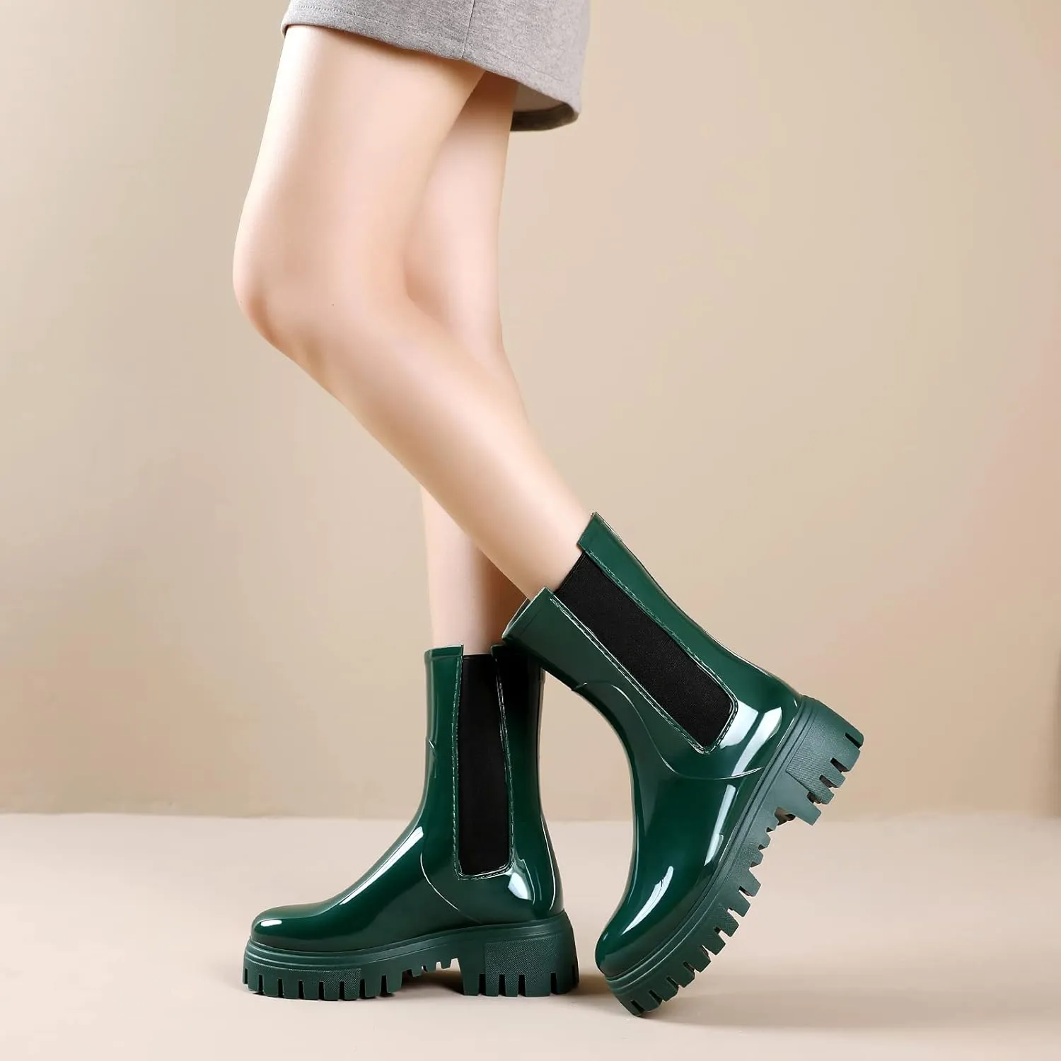 Hsttgsr Rain Boots for Women, Waterproof PVC Rubber Garden Boots Womens Chelsea Boots Short Platfrom Rain Boots, Anti-Slip Elastic Slip On Rainboots Garden Rain Shoes for Yard Farm Outdoor Work
