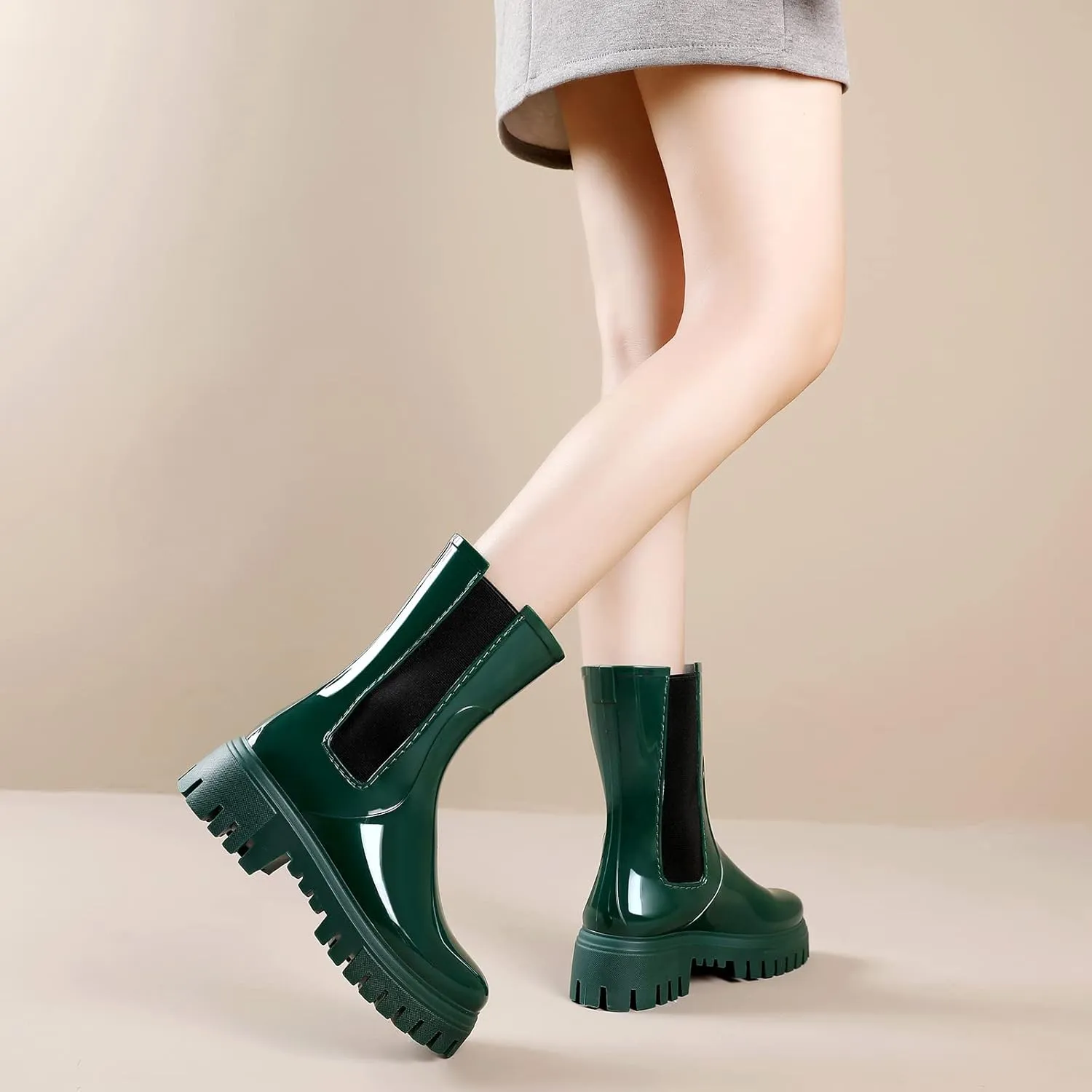 Hsttgsr Rain Boots for Women, Waterproof PVC Rubber Garden Boots Womens Chelsea Boots Short Platfrom Rain Boots, Anti-Slip Elastic Slip On Rainboots Garden Rain Shoes for Yard Farm Outdoor Work