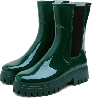Hsttgsr Rain Boots for Women, Waterproof PVC Rubber Garden Boots Womens Chelsea Boots Short Platfrom Rain Boots, Anti-Slip Elastic Slip On Rainboots Garden Rain Shoes for Yard Farm Outdoor Work