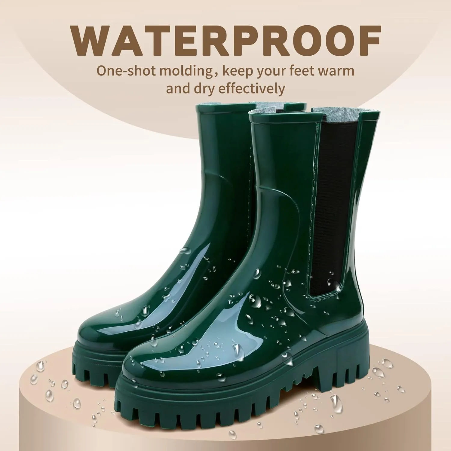 Hsttgsr Rain Boots for Women, Waterproof PVC Rubber Garden Boots Womens Chelsea Boots Short Platfrom Rain Boots, Anti-Slip Elastic Slip On Rainboots Garden Rain Shoes for Yard Farm Outdoor Work