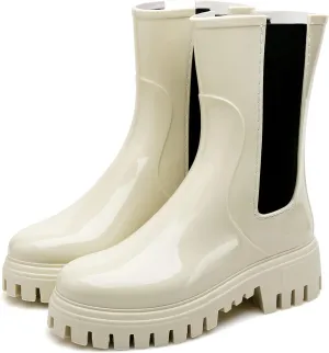 Hsttgsr Rain Boots for Women, Waterproof PVC Rubber Garden Boots Womens Chelsea Boots Short Platfrom Rain Boots, Anti-Slip Elastic Slip On Rainboots Garden Rain Shoes for Yard Farm Outdoor Work