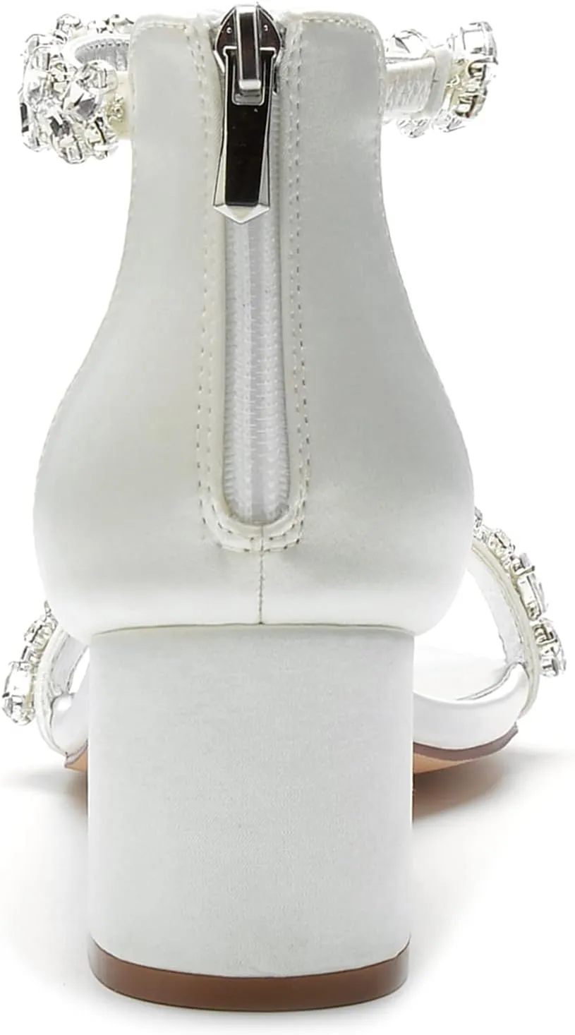Hyinlays Women's Open Toe Ankle Strap Low Block Chunky Heels Crystal Satin Wedding Sandals Prom Party Dress Pump Shoes