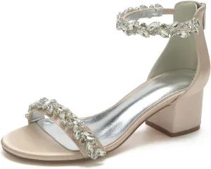 Hyinlays Women's Open Toe Ankle Strap Low Block Chunky Heels Crystal Satin Wedding Sandals Prom Party Dress Pump Shoes