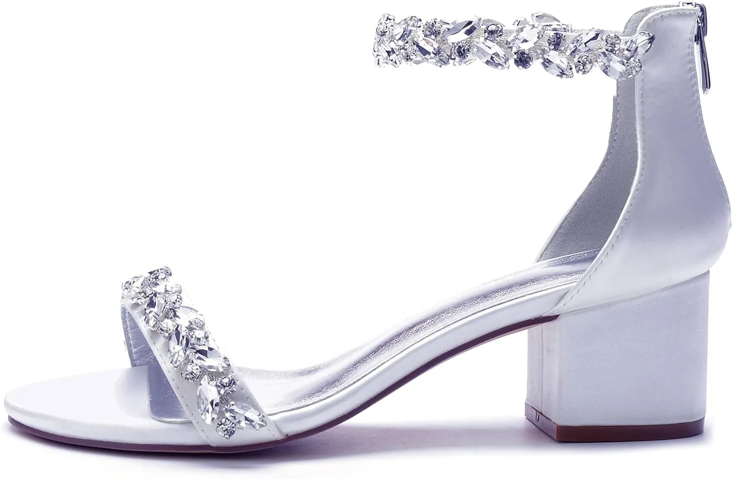 Hyinlays Women's Open Toe Ankle Strap Low Block Chunky Heels Crystal Satin Wedding Sandals Prom Party Dress Pump Shoes