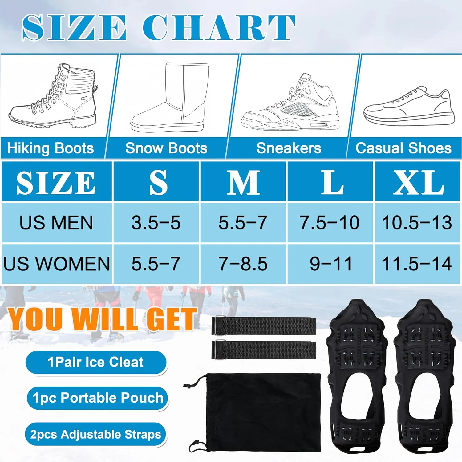Ice Snow Traction Cleats for Shoes and Boots Non-Slip Crampon Snow Cleats for Winter Walking on Snow and Ice Boots Cleats for Men Women Walking Jogging Hiking