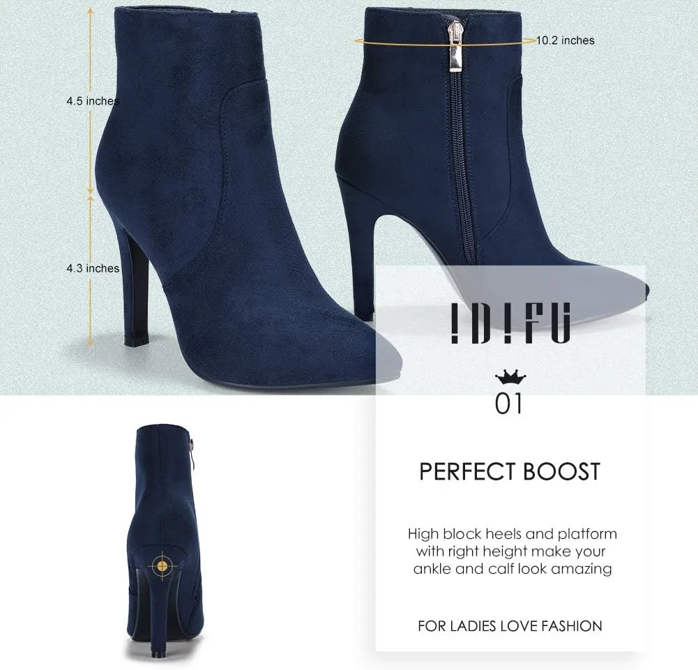 IDIFU Ankle Boots for Women High Heel Pointed Toe Boots Side Zipper Stiletto Booties
