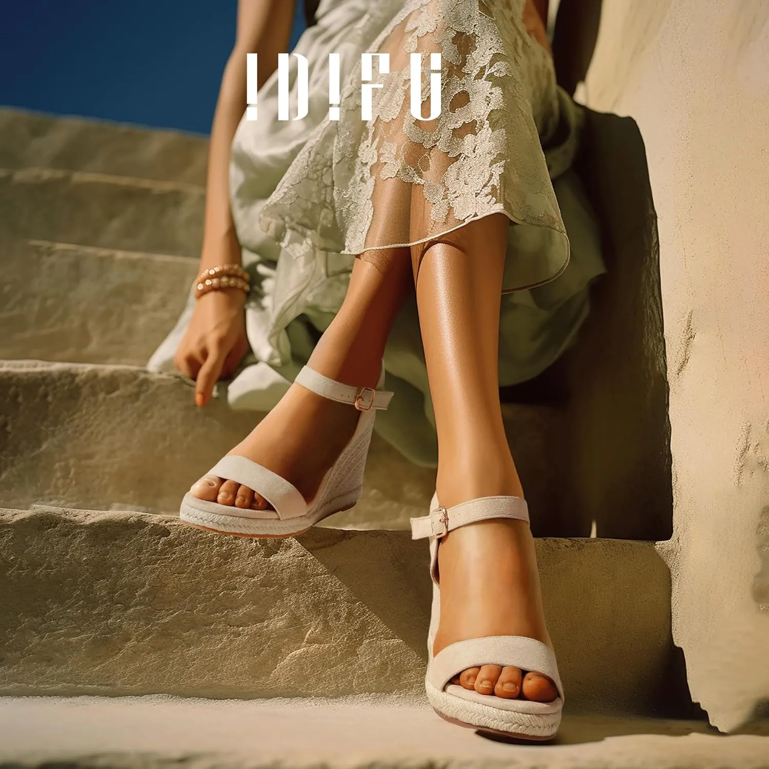 IDIFU IN4 Espadrille Wedges for Women Platform Wedge Sandals High Heels Espadrilles Wedges Heels for Women Sandals Dressy Open Toe Slingback Wedge Shoes Causal Summer Bridal Wedding Prom Wedges