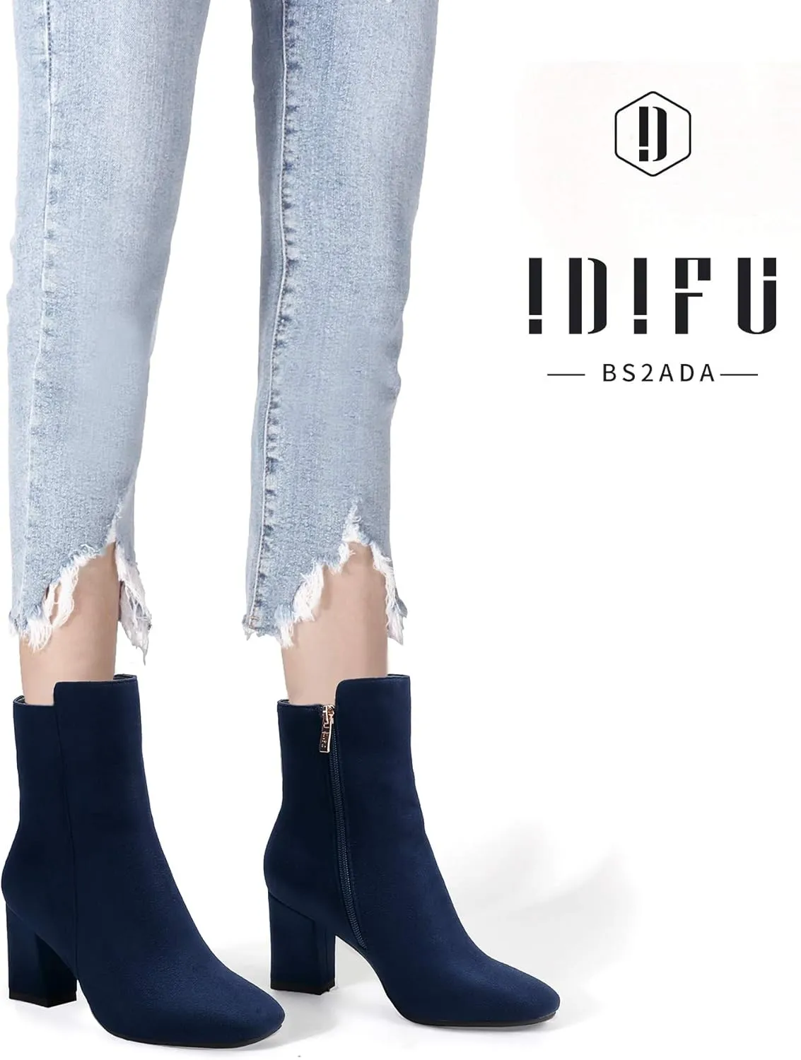 IDIFU Women's Ada Fashion Square Toe Ankle Boots Low Block Heel Short Boots Side Zipper Booties Shoes- Half Size Larger