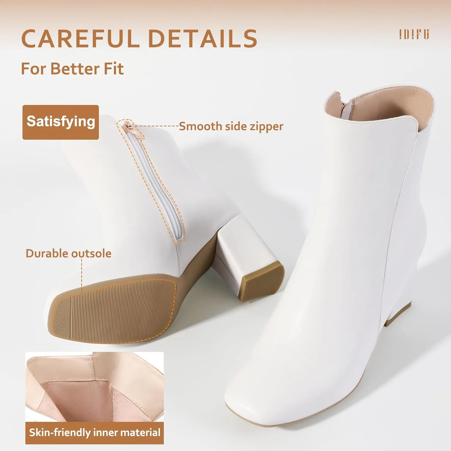 IDIFU Women's Ada Fashion Square Toe Ankle Boots Low Block Heel Short Boots Side Zipper Booties Shoes- Half Size Larger