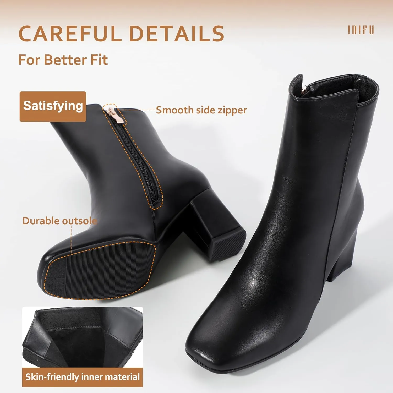 IDIFU Women's Ada Fashion Square Toe Ankle Boots Low Block Heel Short Boots Side Zipper Booties Shoes- Half Size Larger