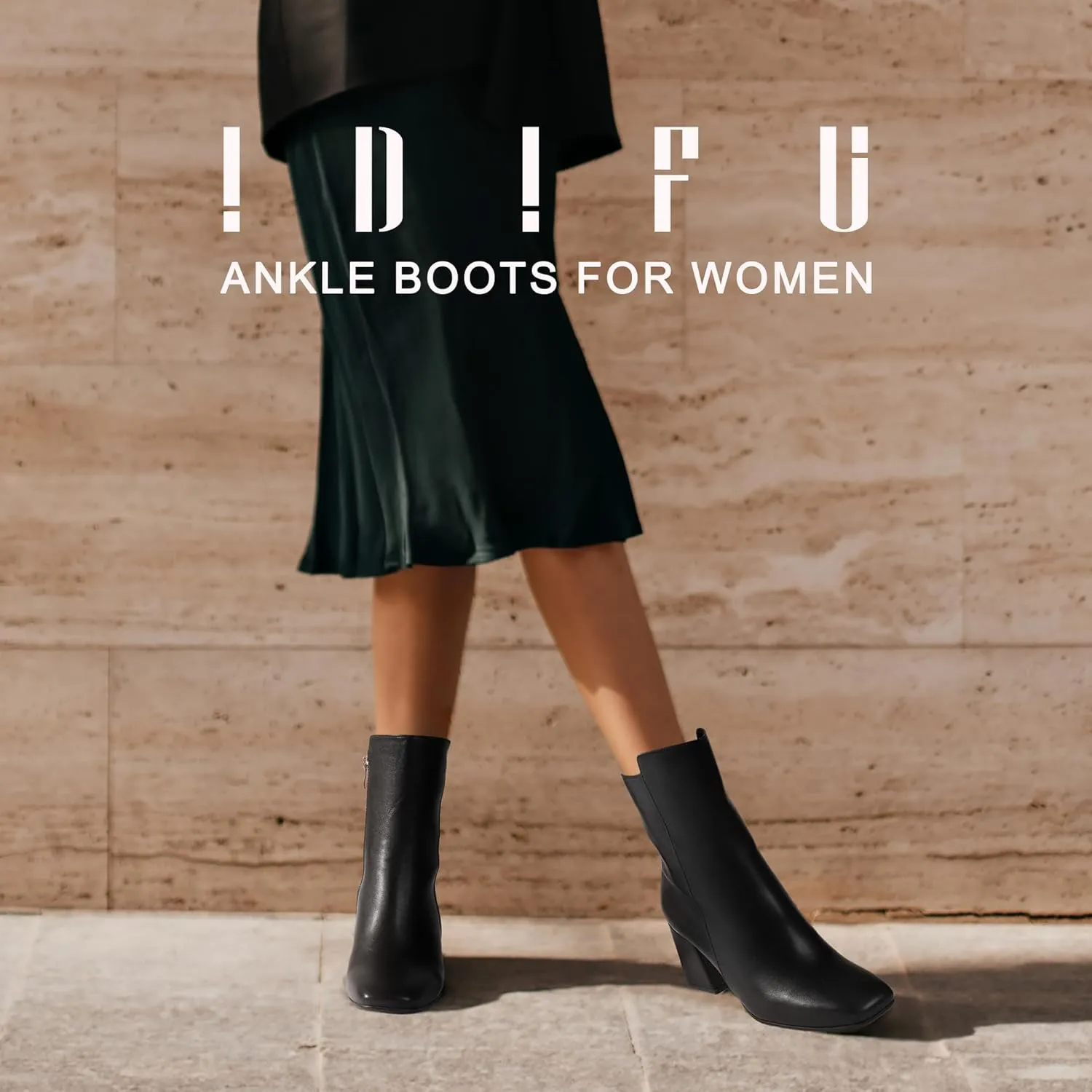 IDIFU Women's Ada Fashion Square Toe Ankle Boots Low Block Heel Short Boots Side Zipper Booties Shoes- Half Size Larger