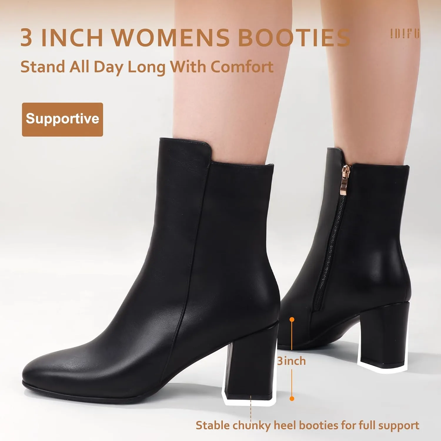 IDIFU Women's Ada Fashion Square Toe Ankle Boots Low Block Heel Short Boots Side Zipper Booties Shoes- Half Size Larger