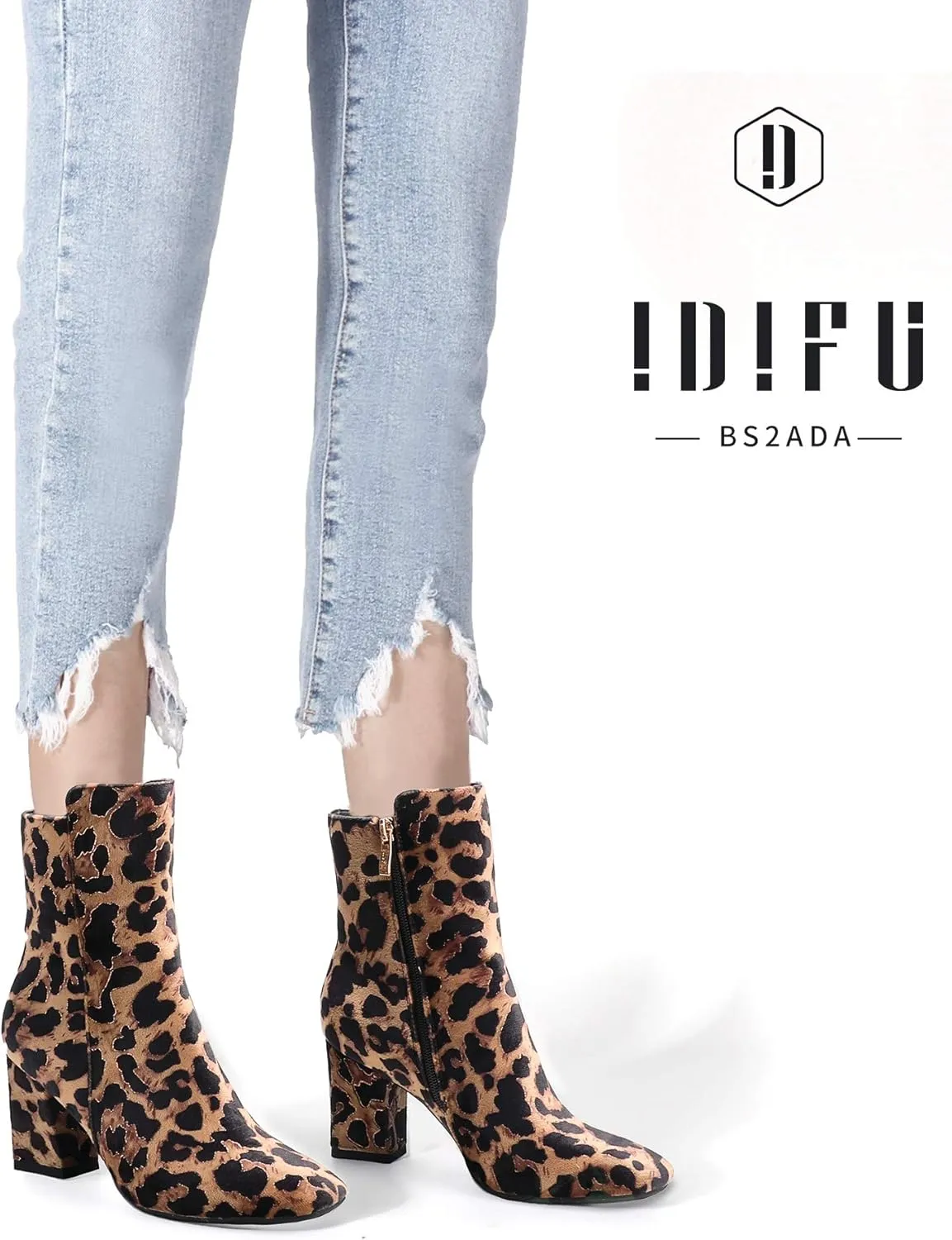 IDIFU Women's Ada Fashion Square Toe Ankle Boots Low Block Heel Short Boots Side Zipper Booties Shoes- Half Size Larger