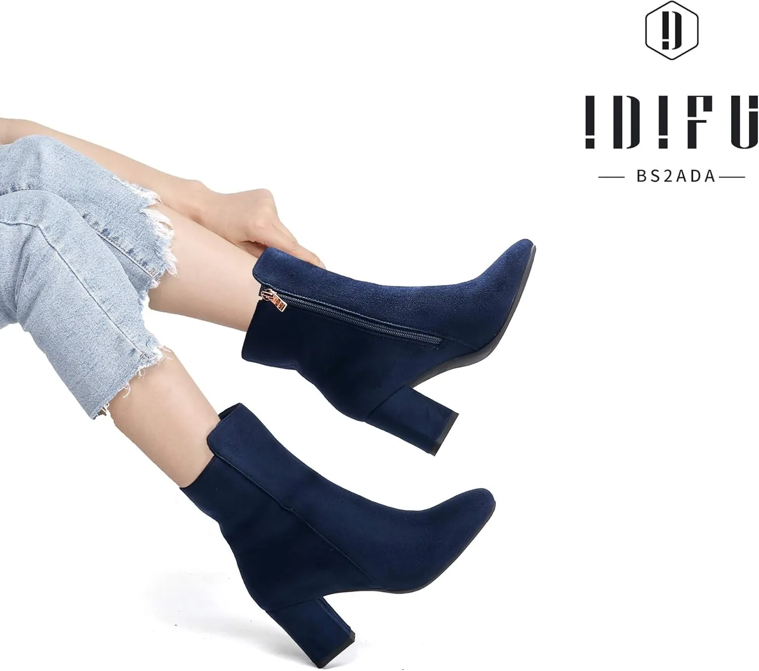 IDIFU Women's Ada Fashion Square Toe Ankle Boots Low Block Heel Short Boots Side Zipper Booties Shoes- Half Size Larger