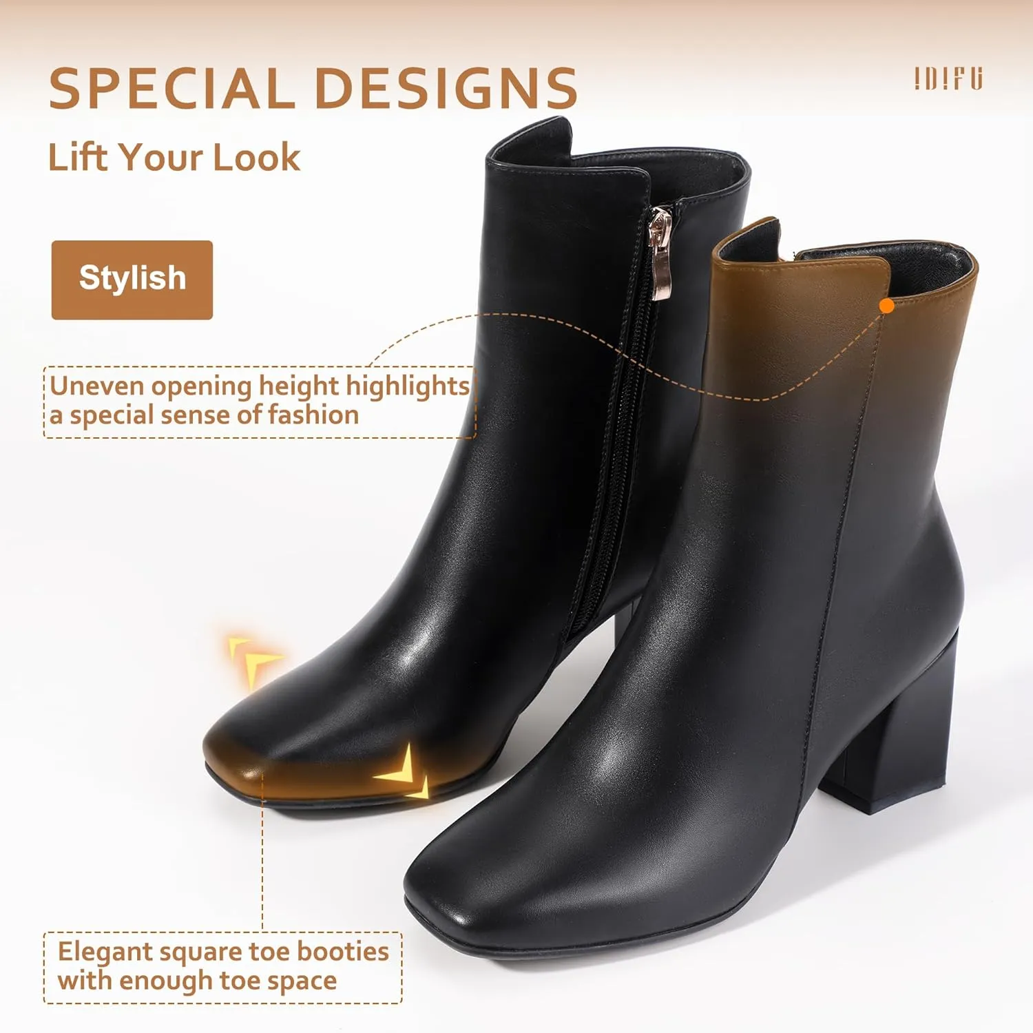 IDIFU Women's Ada Fashion Square Toe Ankle Boots Low Block Heel Short Boots Side Zipper Booties Shoes- Half Size Larger