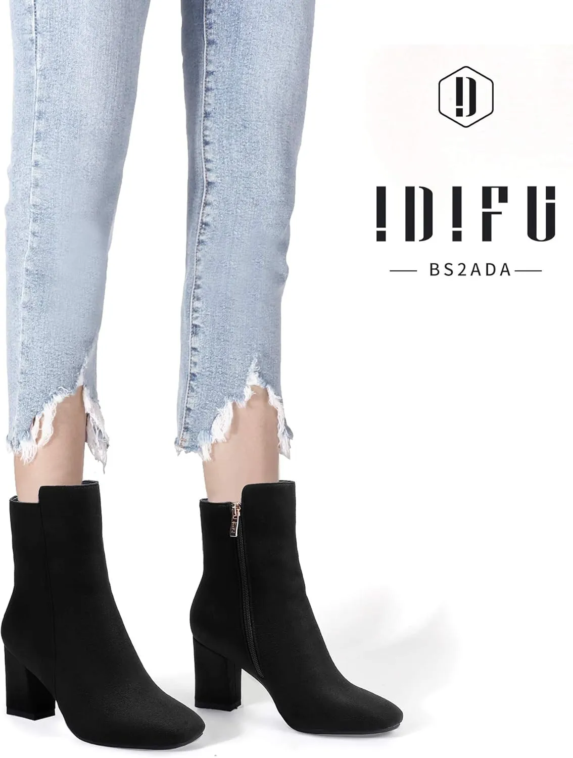 IDIFU Women's Ada Fashion Square Toe Ankle Boots Low Block Heel Short Boots Side Zipper Booties Shoes- Half Size Larger