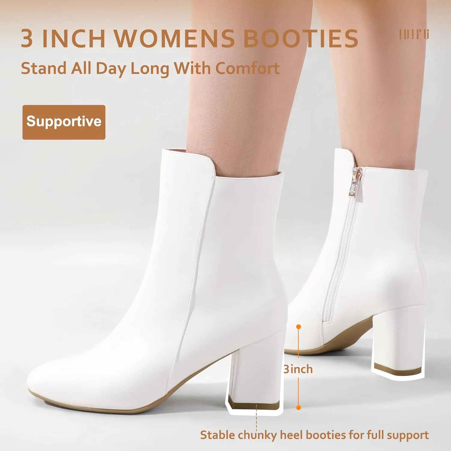 IDIFU Women's Ada Fashion Square Toe Ankle Boots Low Block Heel Short Boots Side Zipper Booties Shoes- Half Size Larger