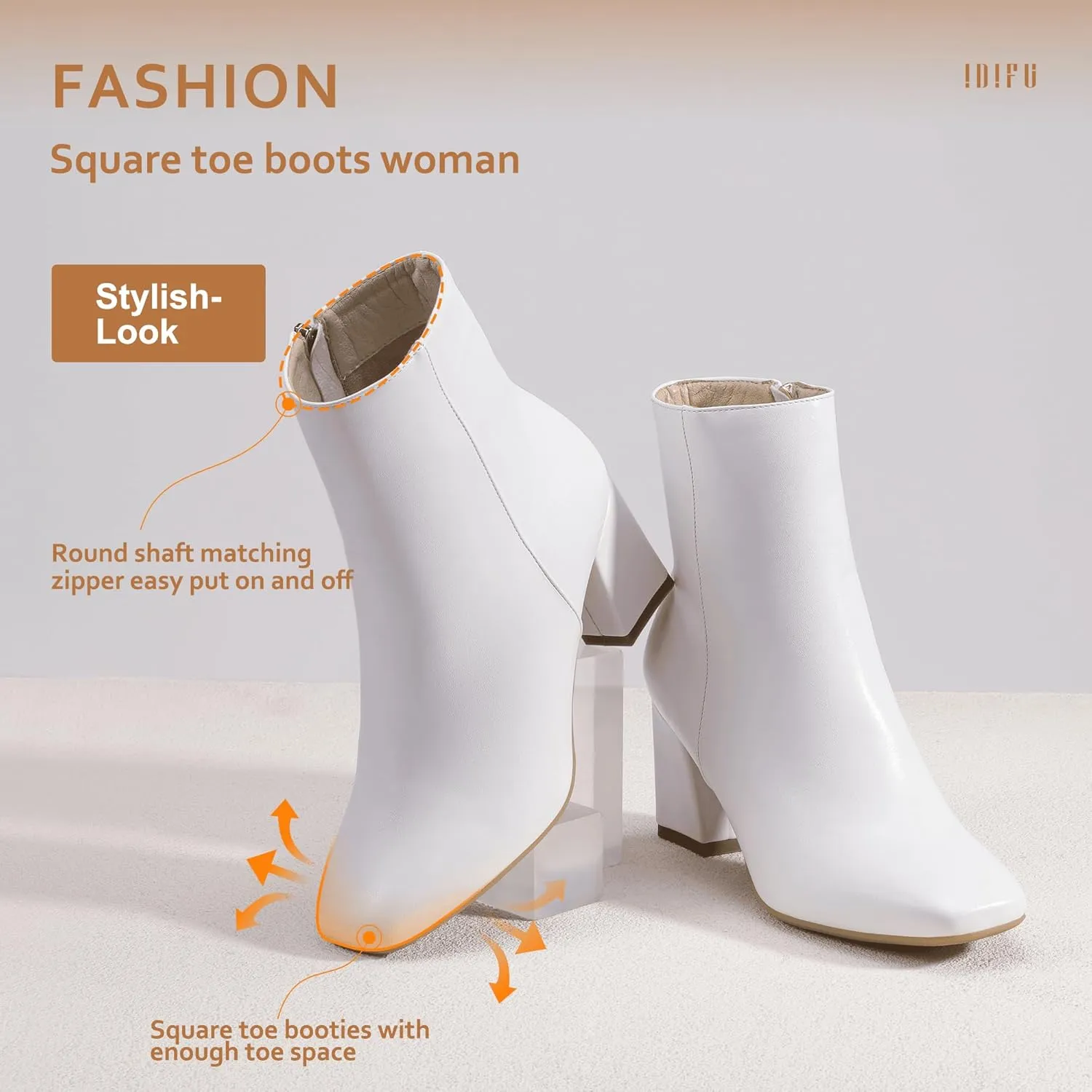 IDIFU Women's Aliza Fashion Square Toe Short Boots Side Zipper Low Block Heel Ankle Booties