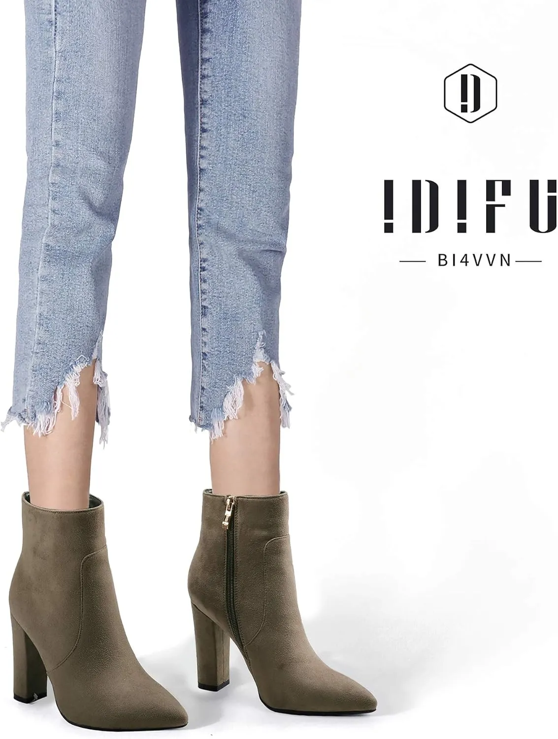 IDIFU Women's Fashion Ankle Boots Comfy Pointed Toe High Heels Side Zipper Booties