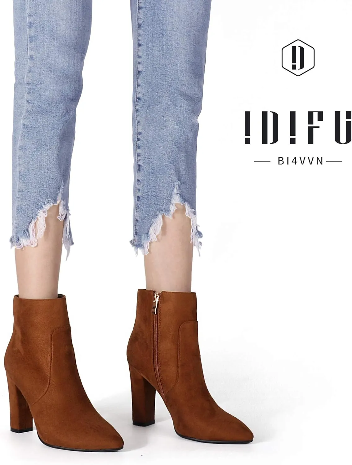 IDIFU Women's Fashion Ankle Boots Comfy Pointed Toe High Heels Side Zipper Booties