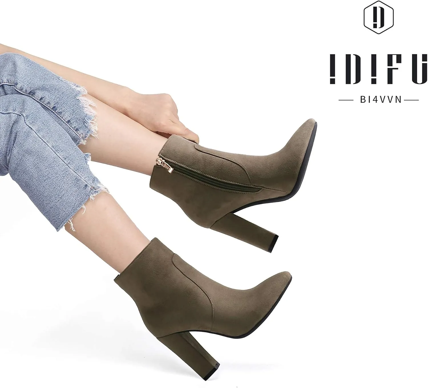 IDIFU Women's Fashion Ankle Boots Comfy Pointed Toe High Heels Side Zipper Booties