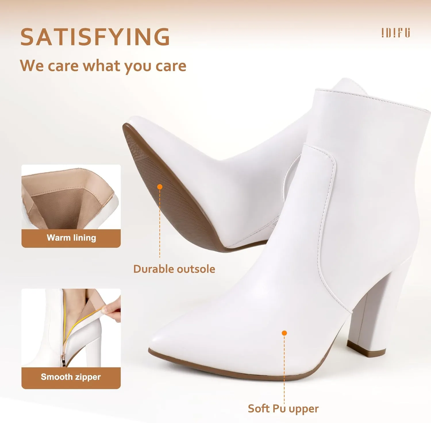 IDIFU Women's Fashion Ankle Boots Comfy Pointed Toe High Heels Side Zipper Booties