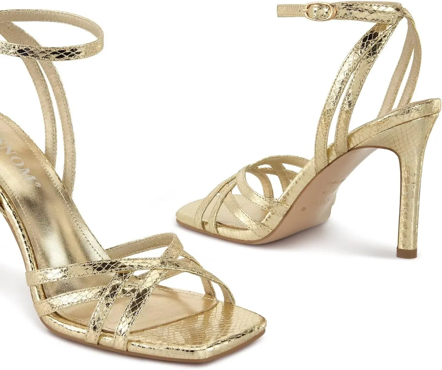 ISNOM Strappy Heels for Women with Ankle Strap Square Toe High Heeled Sandals for Wedding Party Club Dress