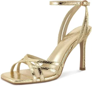 ISNOM Strappy Heels for Women with Ankle Strap Square Toe High Heeled Sandals for Wedding Party Club Dress