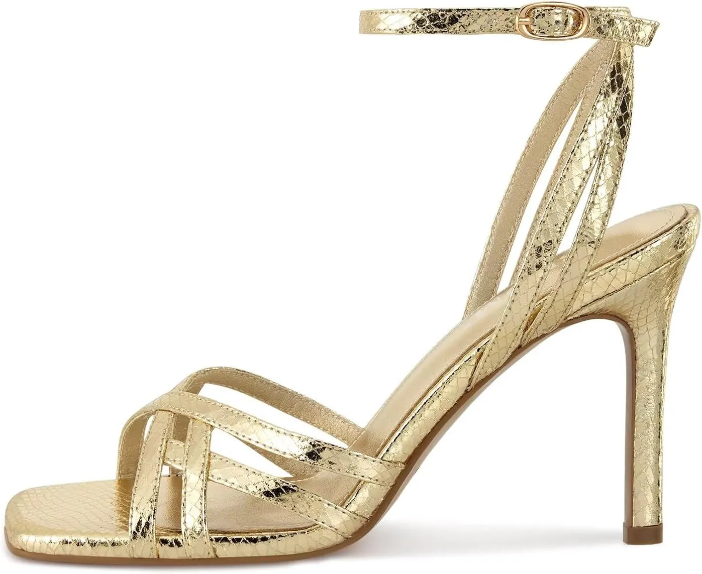 ISNOM Strappy Heels for Women with Ankle Strap Square Toe High Heeled Sandals for Wedding Party Club Dress