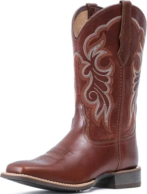 IUV Women's Leather Western Boots Square Toe Cowboy Boots for women Mid Calf Classic Cowgirl Boots Genuine leather toe and heel, textured sheepskin shaft