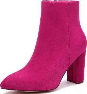 Jiu du Ankle Boots for Women Chunky Heel GoGo Boots Pointed Toe Side Zipper Dressy Go Go Short Booties