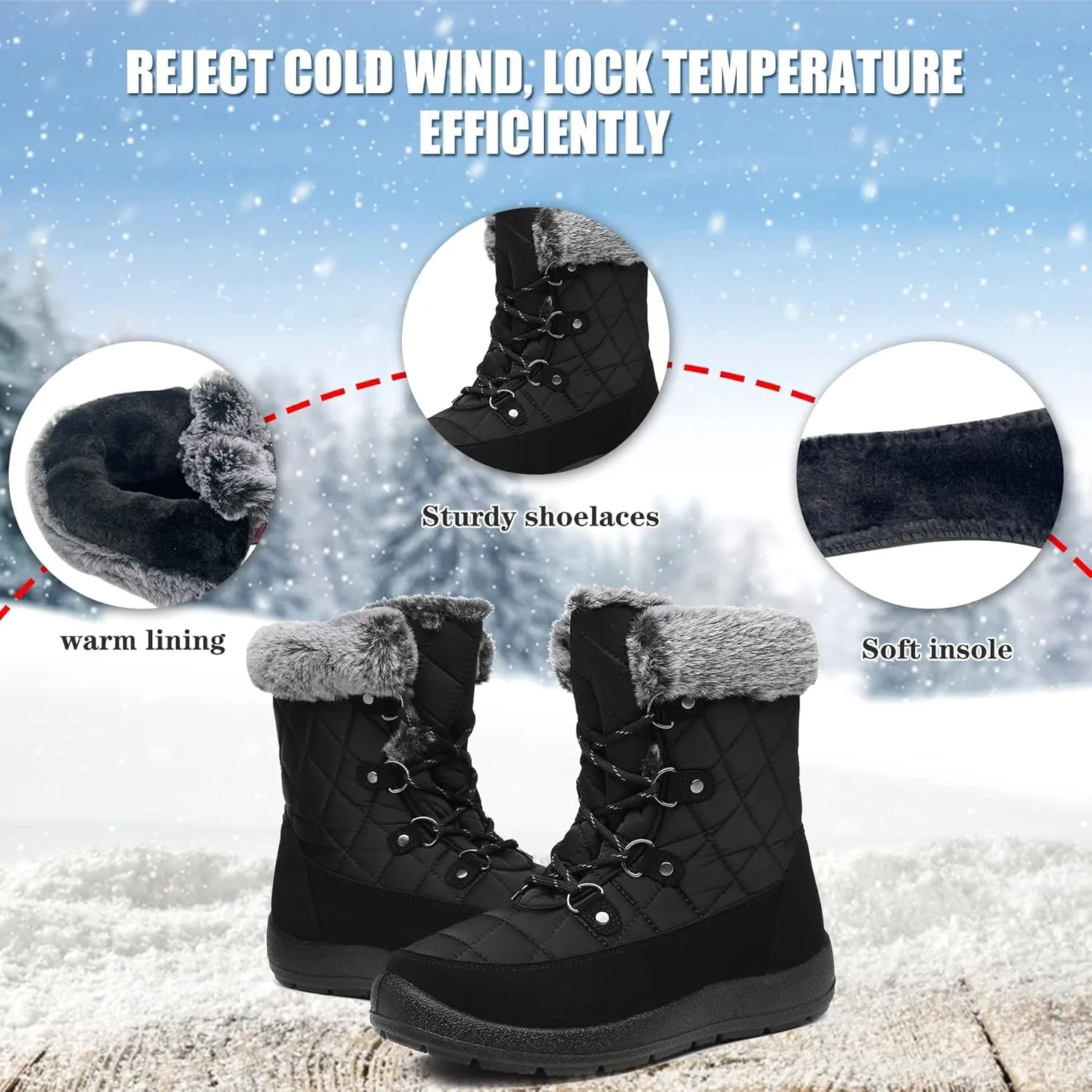 JSWEI Women Winter Snow Boots Soft Comfortable Faux Fur Mid Calf Wide Width Waterproof Warm Lace-Up Snow Boots for Women's Insulated Woman Lightweight Non-Slip Outdoor