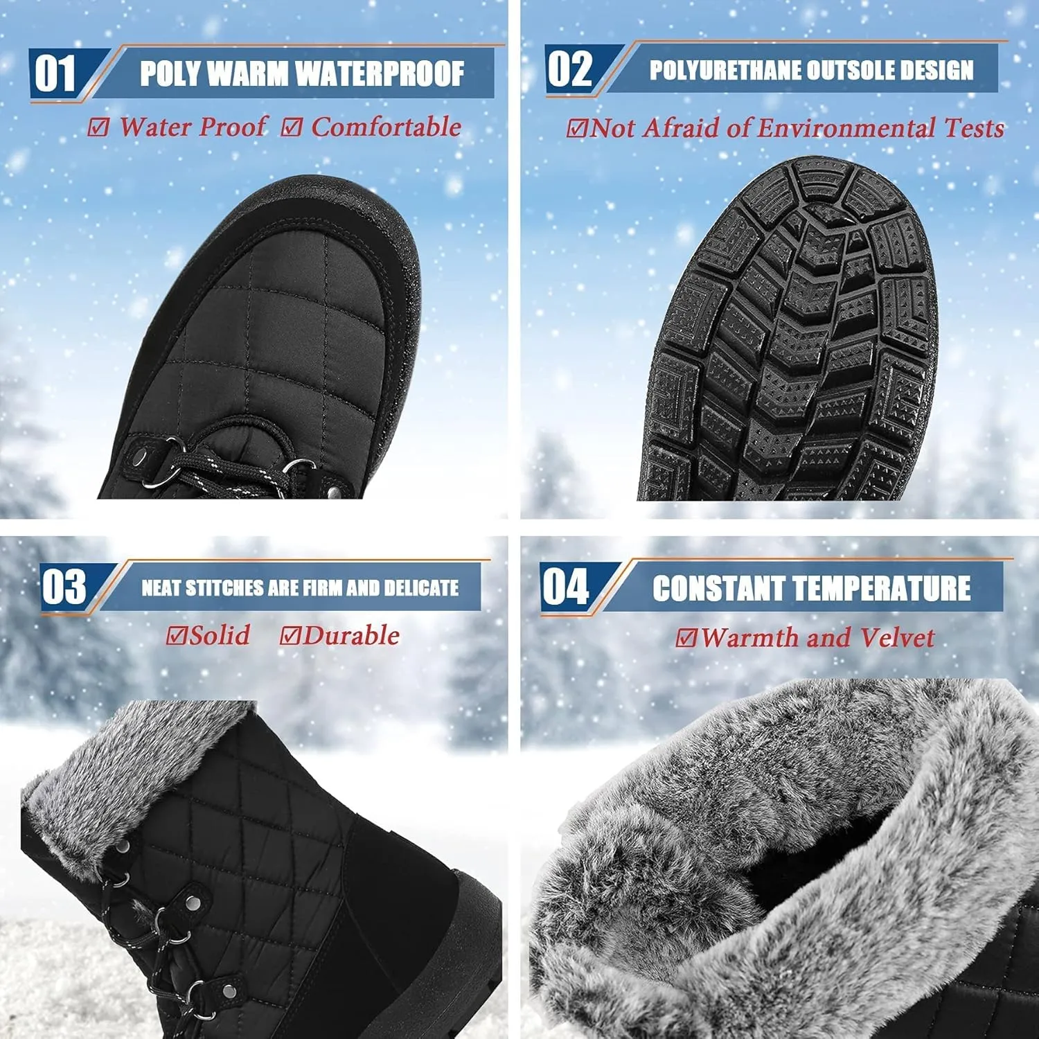 JSWEI Women Winter Snow Boots Soft Comfortable Faux Fur Mid Calf Wide Width Waterproof Warm Lace-Up Snow Boots for Women's Insulated Woman Lightweight Non-Slip Outdoor
