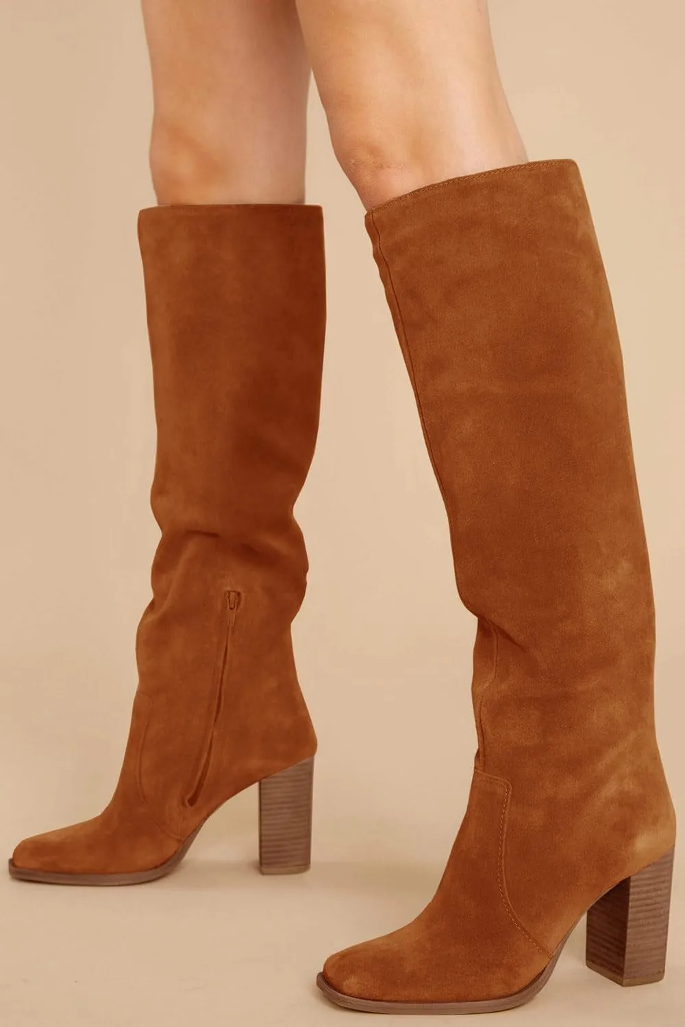 Juliet Holy Womens Knee High Boots Chunky High Heel Square Toe Side Zipper Wide Calf Boot