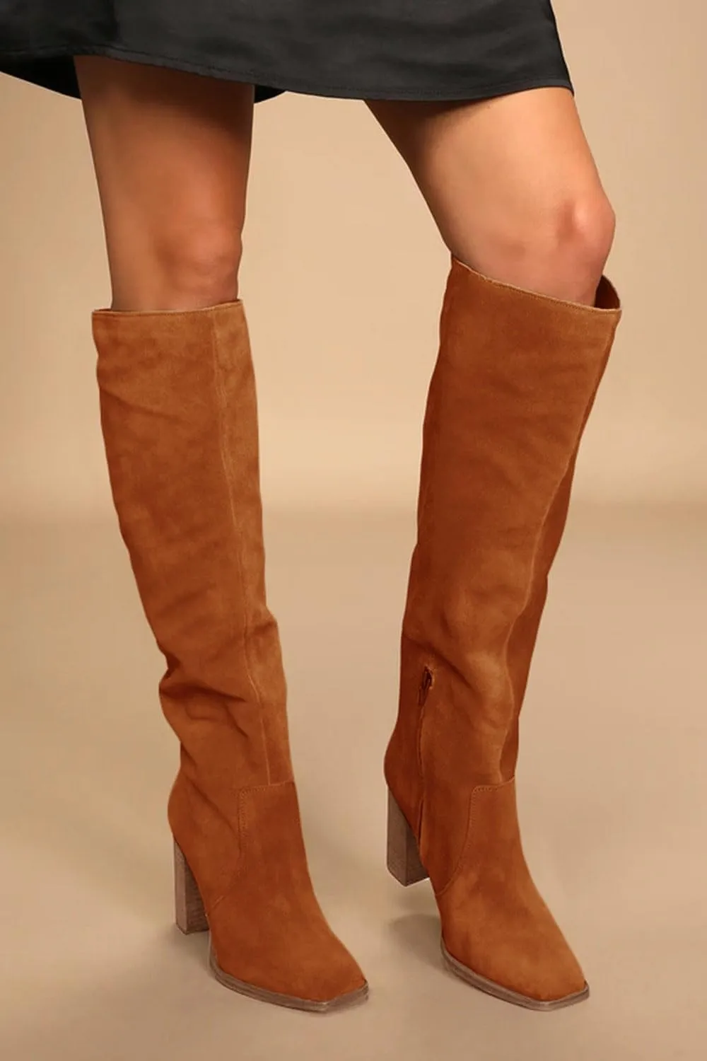 Juliet Holy Womens Knee High Boots Chunky High Heel Square Toe Side Zipper Wide Calf Boot