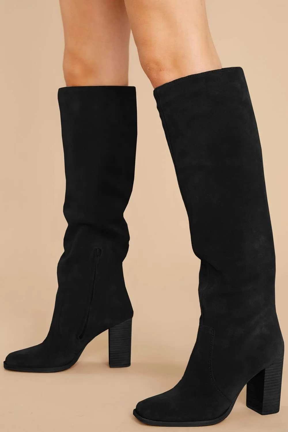 Juliet Holy Womens Knee High Boots Chunky High Heel Square Toe Side Zipper Wide Calf Boot