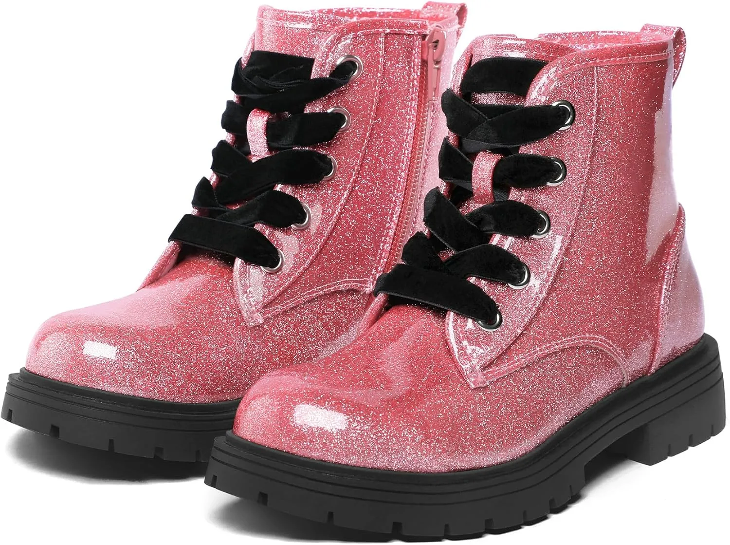 K KomForme Girls Glitter Ankle Boots Lace Up Waterproof Combat Shoes With Side Zipper for Toddler/Little Kid/Big Kid