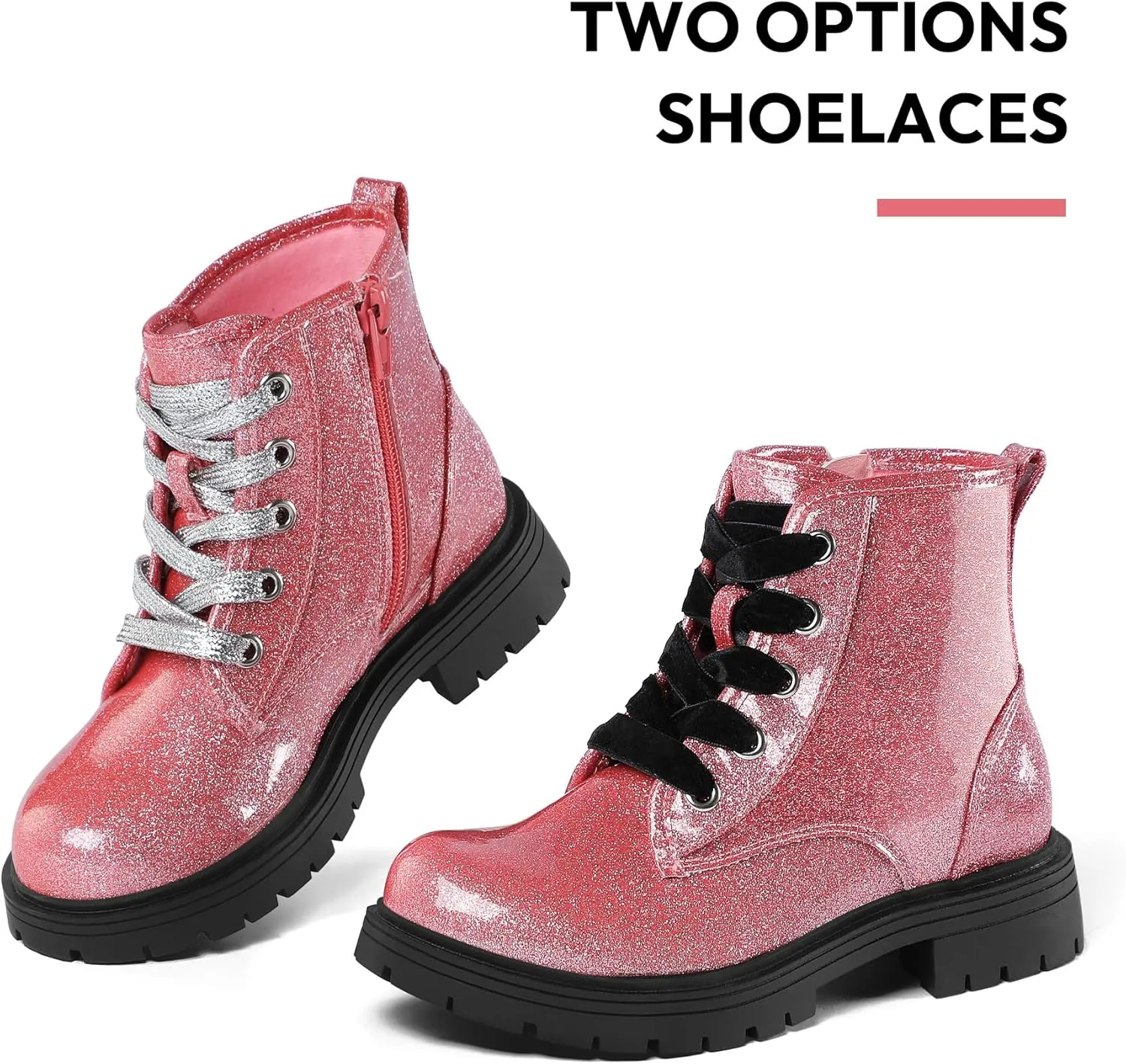 K KomForme Girls Glitter Ankle Boots Lace Up Waterproof Combat Shoes With Side Zipper for Toddler/Little Kid/Big Kid