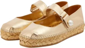 keleimusi Women's Mary Jane Metallic Espadrilles Flats with Pearl Buckle Strap Platform Espadrilles Woven Outsole Shoes Canvas Summer Flats