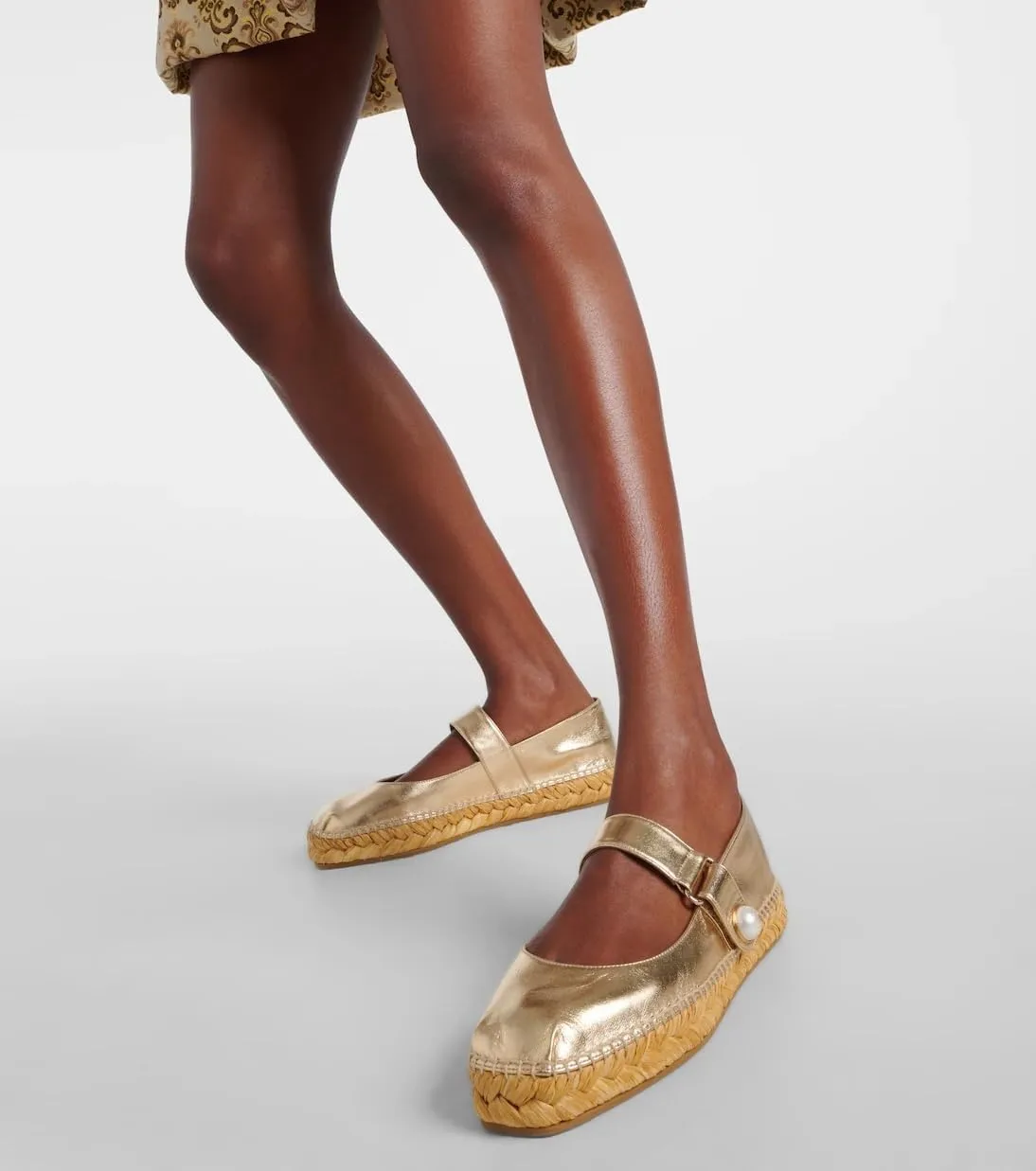 keleimusi Women's Mary Jane Metallic Espadrilles Flats with Pearl Buckle Strap Platform Espadrilles Woven Outsole Shoes Canvas Summer Flats