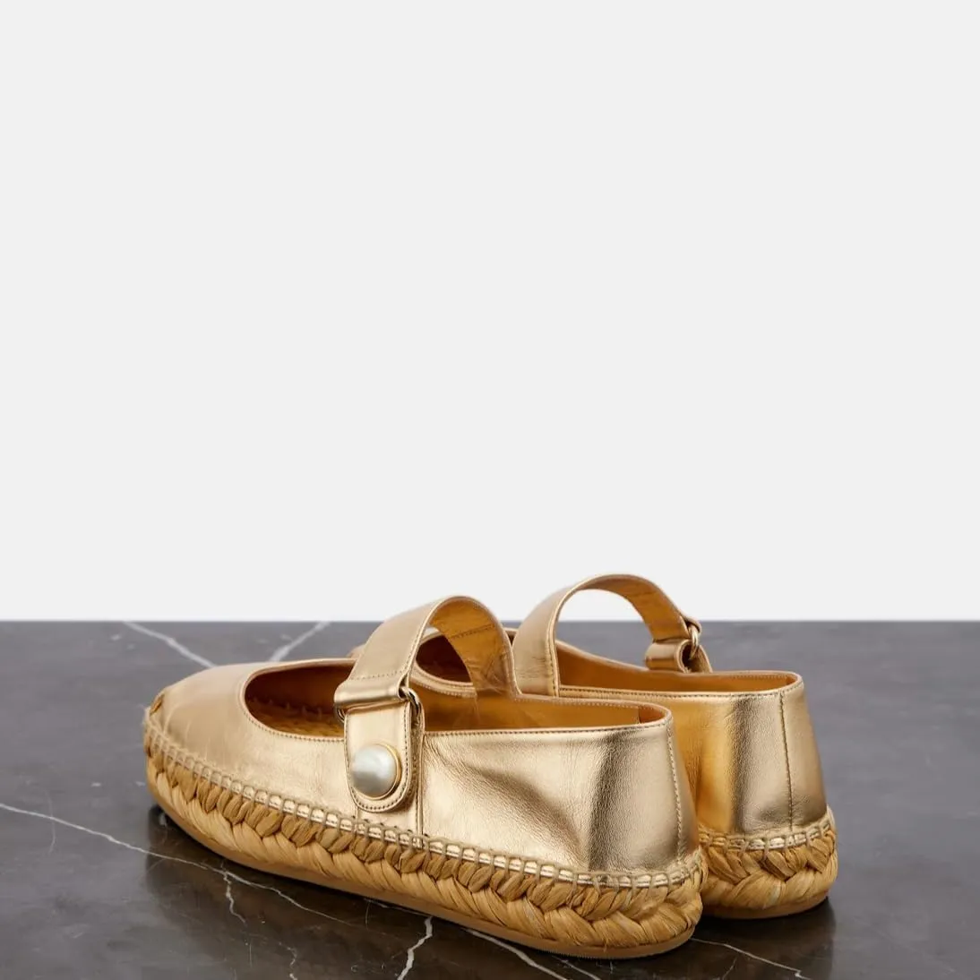 keleimusi Women's Mary Jane Metallic Espadrilles Flats with Pearl Buckle Strap Platform Espadrilles Woven Outsole Shoes Canvas Summer Flats