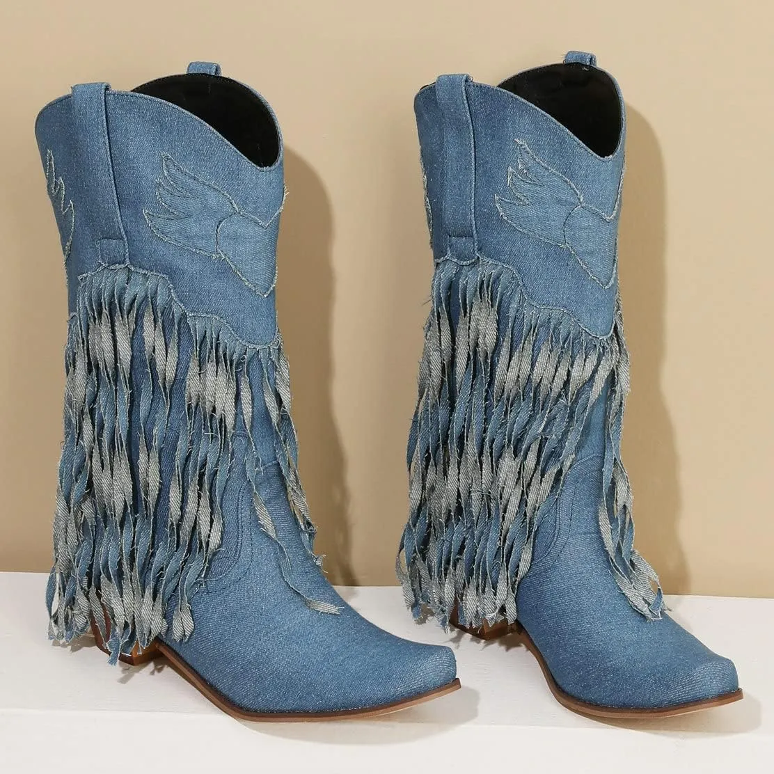 KISSASA Fringe Denim Cowgirl Boots Pointed Toe Mid Claf Cowboy Boots Chunky Stacked Heel Western Boots