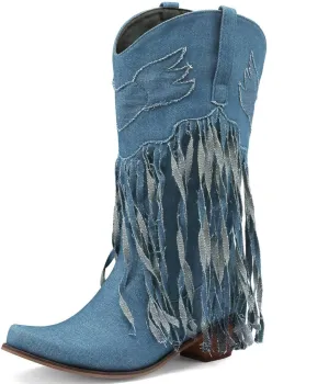 KISSASA Fringe Denim Cowgirl Boots Pointed Toe Mid Claf Cowboy Boots Chunky Stacked Heel Western Boots