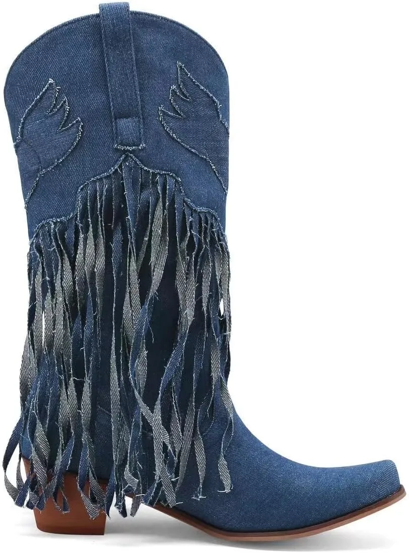 KISSASA Fringe Denim Cowgirl Boots Pointed Toe Mid Claf Cowboy Boots Chunky Stacked Heel Western Boots
