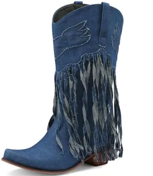 KISSASA Fringe Denim Cowgirl Boots Pointed Toe Mid Claf Cowboy Boots Chunky Stacked Heel Western Boots